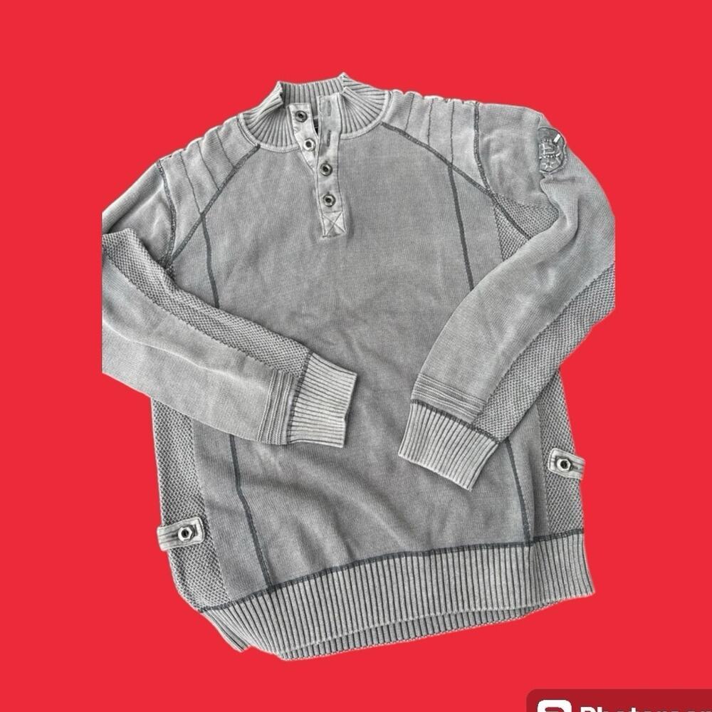 BUCKLE BLACK LABEL, slim fit sweater, Henley style, gray, men's size XL